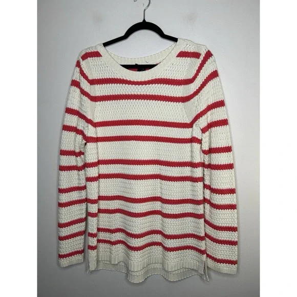 Talbots Pink White Stripes Crew Neck Sweater Top Long Sleeves Size Large - Picture 1 of 9